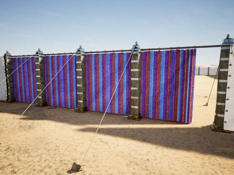 The Gate of the Court: a hanging of blue, purple and scarlet stretched between its pillars in the linen fence