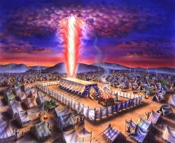 The pillar of fire rising from the Tabernacle at night, with the tents of Israel pitched around its court