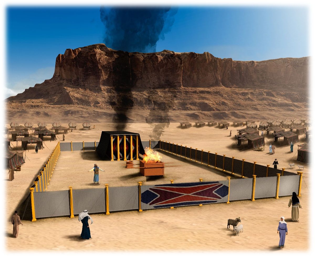 The Tabernacle standing in its linen court in the wilderness, the smoke of the Brazen Altar rising before the tent, with the tents of Israel around it and the mountain behind