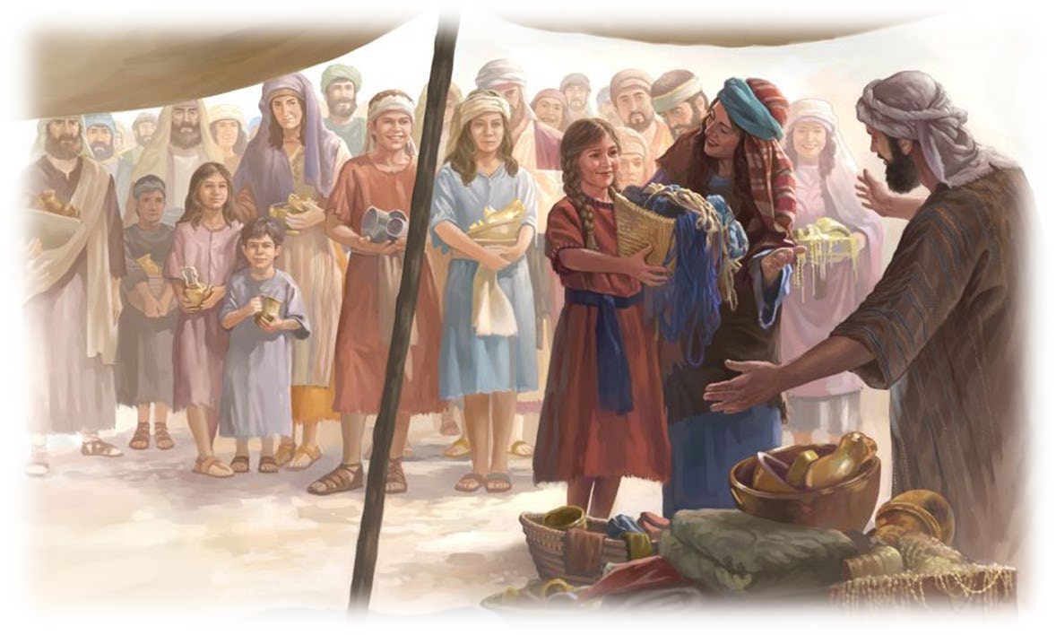Israelites bringing jewelry and cloth to the offering