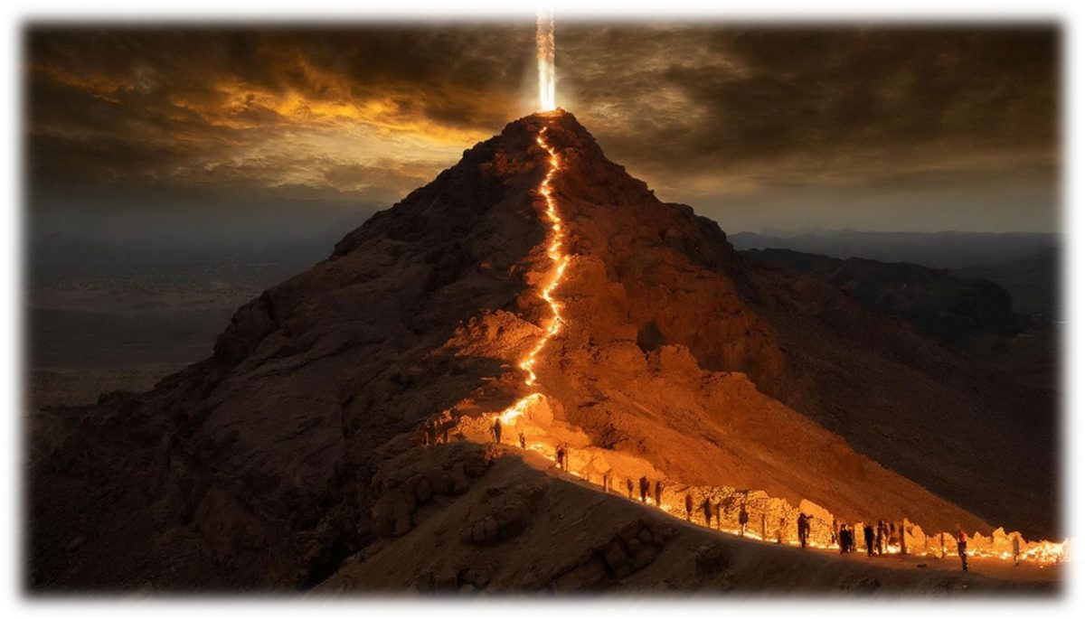 A dark mountain under a stormy sky with a glowing path winding from the crowd at its base to a shaft of light at its summit