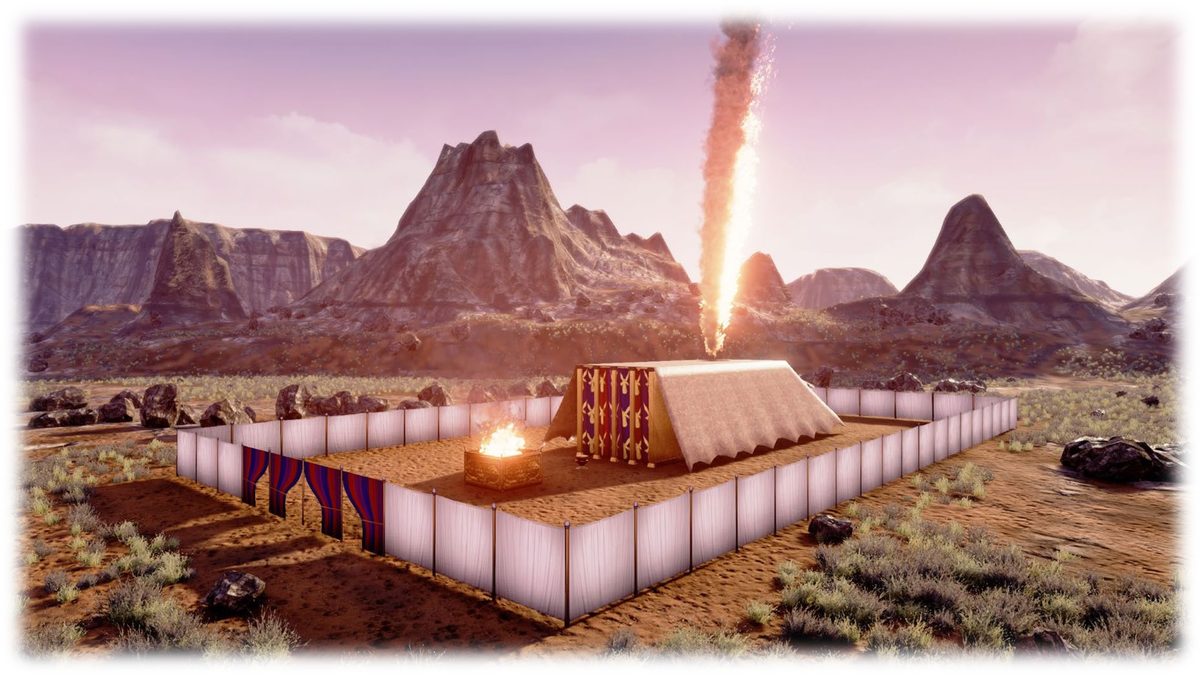 The Tabernacle in its white linen court among desert mountains, the fire burning on the altar before the tent and a pillar of fire descending on the Tabernacle from the sky