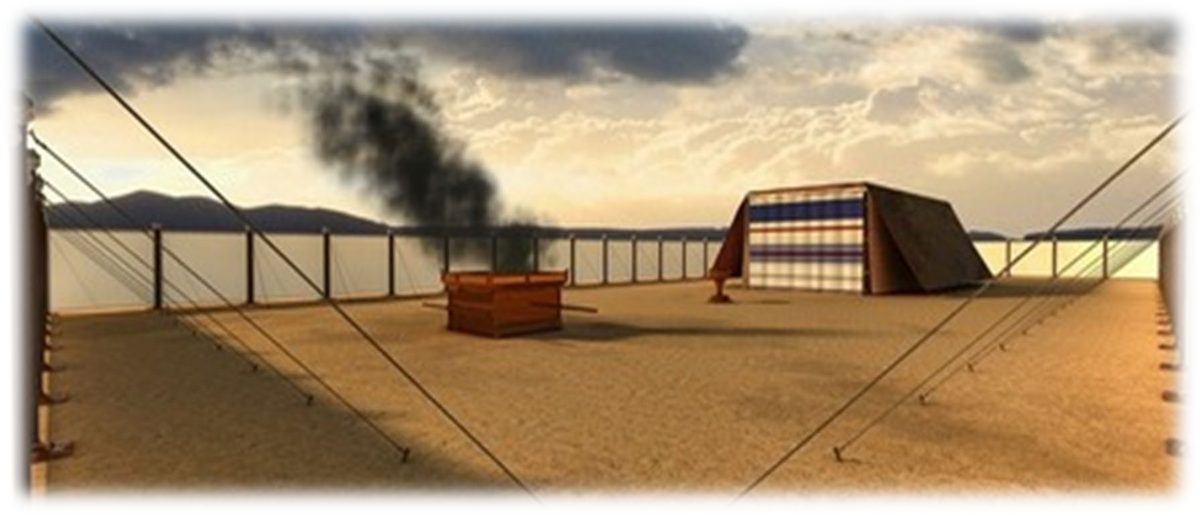 The Outer Court of the Tabernacle seen from inside the gate: the white linen fence on its pillars, stayed by cords, the Brazen Altar with smoke rising, and the covered Tabernacle building at the far end