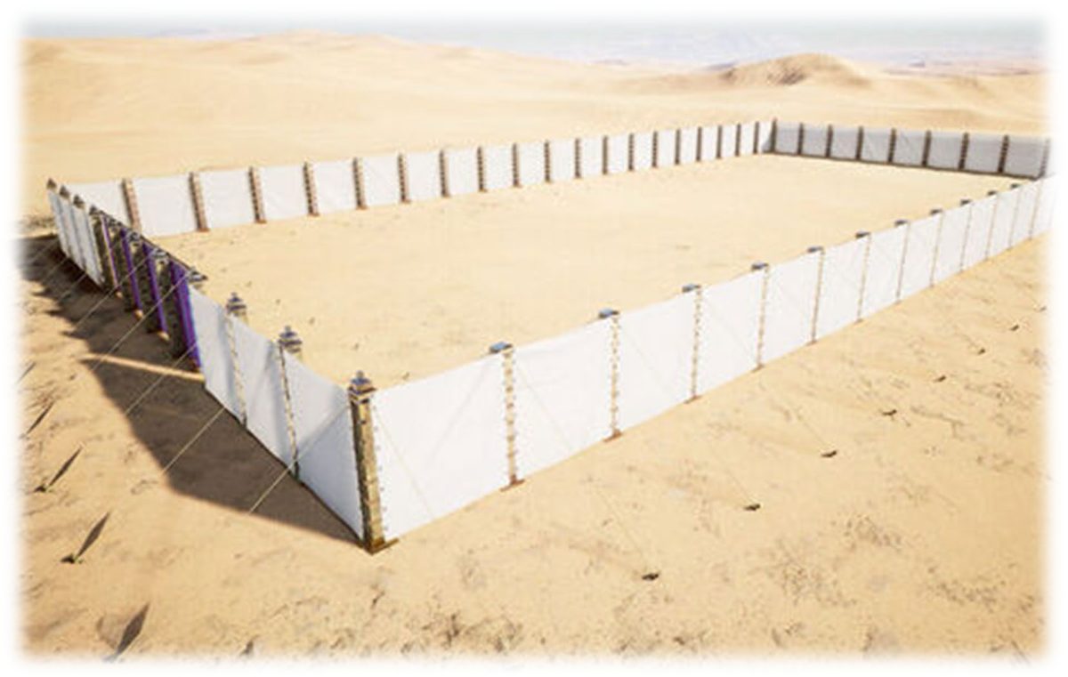 A rendering of the whole linen court seen from above the desert: a long white rectangle of hangings on pillars, with the colored gate hanging in the near short side