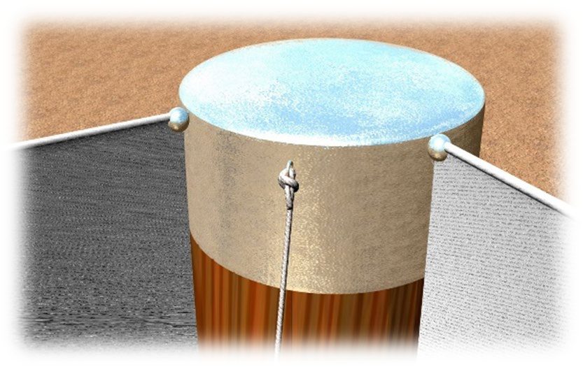 Close view of the top of a brass pillar with a silver cap, silver hooks on either side carrying the fillet rods and the linen hangings, and a cord knotted around the pillar beneath the cap