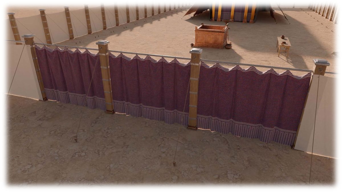 The Gate of the Court seen from outside and above: a colored hanging on four pillars set in the white linen wall, with the Brazen Altar and the Tabernacle beyond it inside the Court