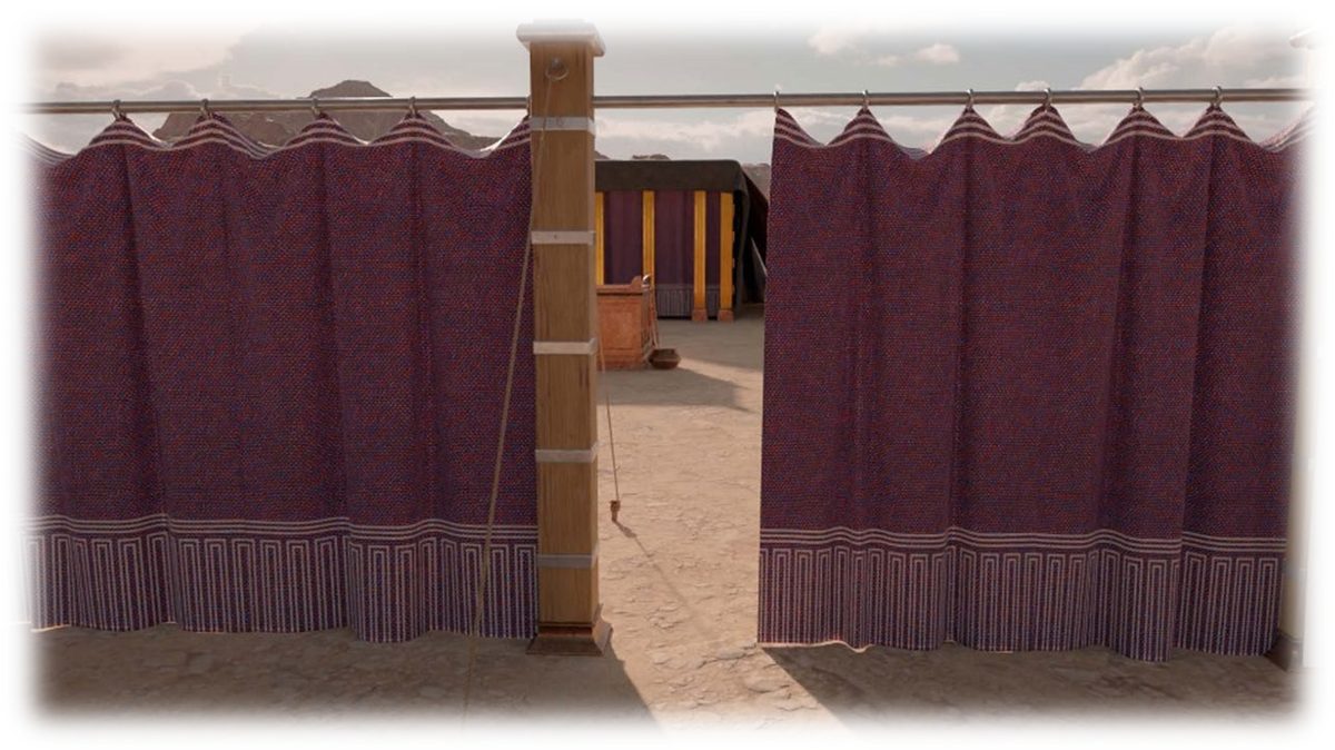 The Gate hanging seen close up and parted at one of its pillars, so that the Court, the Brazen Altar and the door of the Tabernacle are seen through the opening