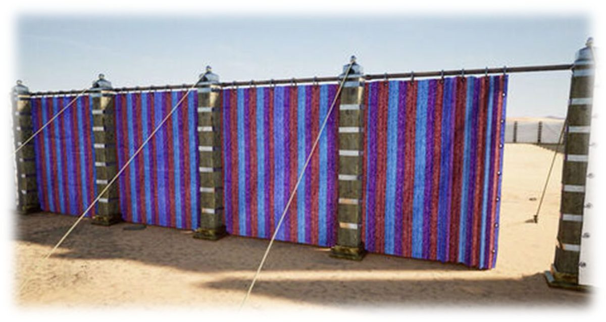 A rendering of the Gate hanging in blue, purple and scarlet, hung from its pillars by hooks and held by cords, with the white hangings of the Court seen beyond
