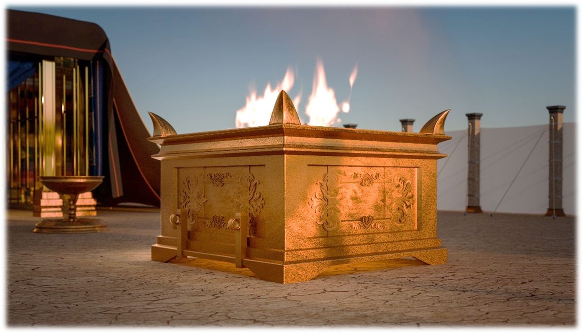 The Brazen Altar burning in the Outer Court, with the Laver and the colored Door of the Tabernacle behind it on one side and the white linen fence and its pillars on the other