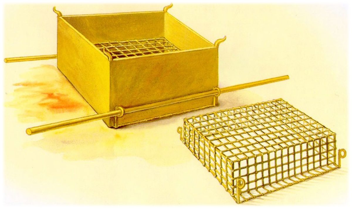A rendering of the Brazen Altar with its staves in place, and beside it the brass grate of network drawn separately with its four corner rings