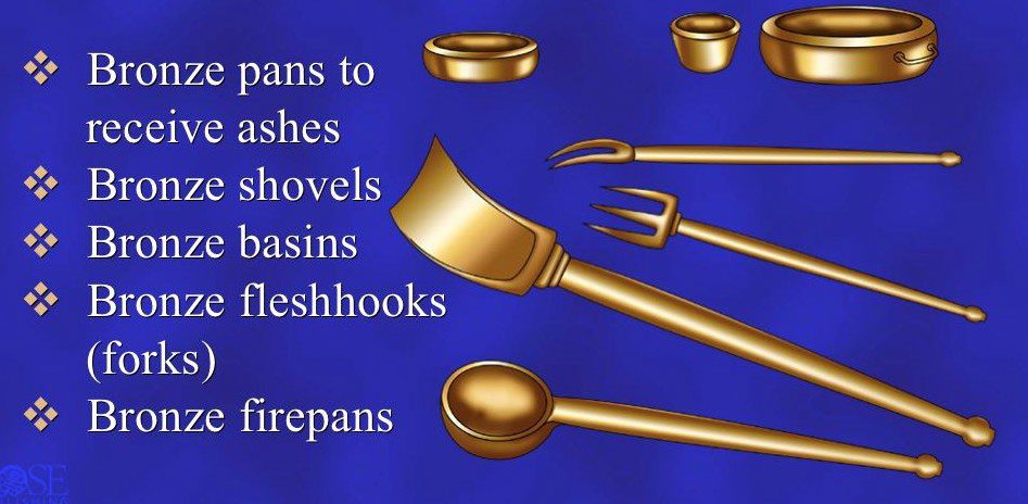 The five bronze instruments of the Altar drawn and labeled: pans to receive ashes, shovels, basins, fleshhooks (forks) and firepans