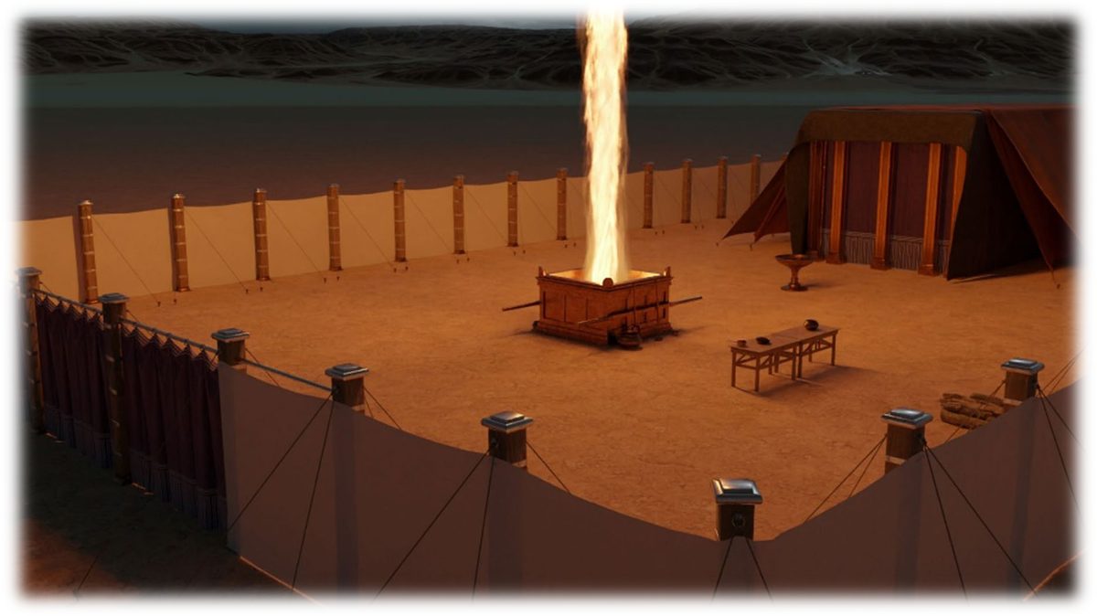 A column of fire descending on the Brazen Altar in the Tabernacle court at dusk, with the Laver and the covered tent beyond