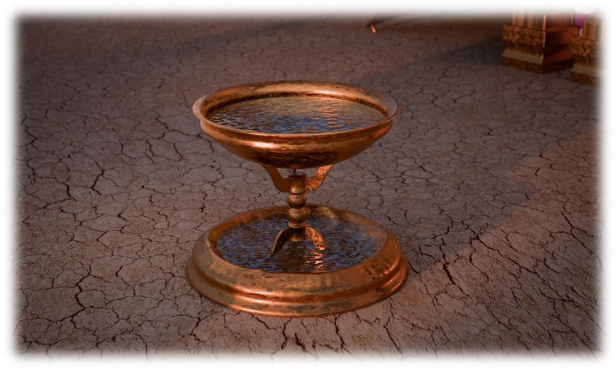 A rendering of the Brazen Laver: a shallow bowl of brass filled with water, raised on a pedestal above a broad brass foot that also holds water, standing on the dry ground of the Outer Court