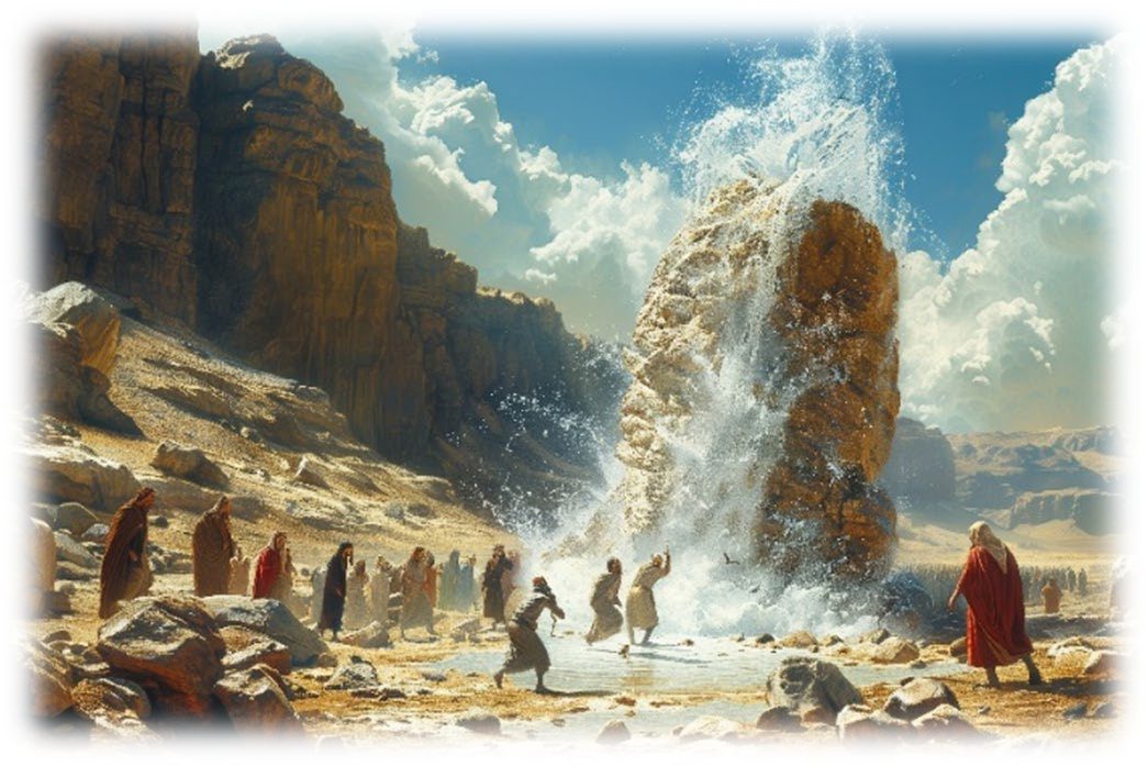 Water bursting from a rock in a desert valley while the people of Israel gather beneath it with their vessels