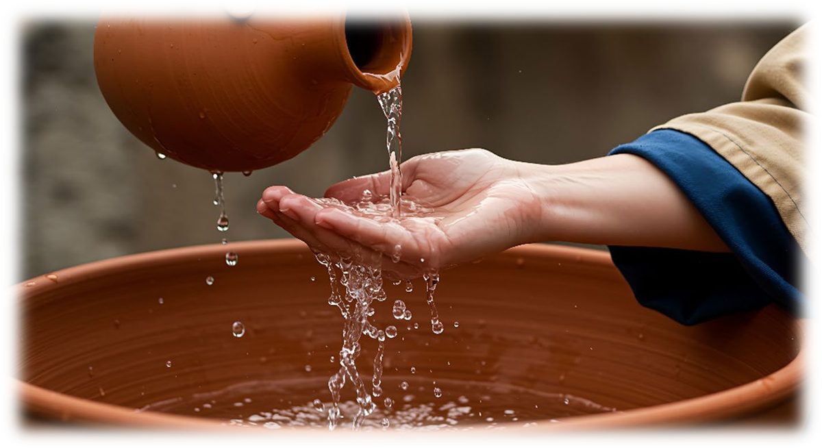 Water poured from a clay pitcher over an open hand into a wide basin