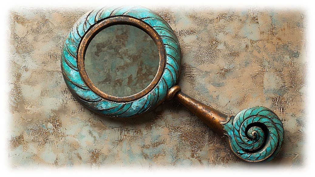 An ancient bronze hand mirror with a coiled handle, its polished face clouded with age