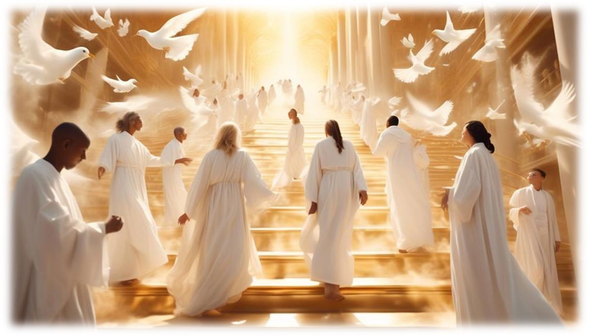 A company of people in white robes ascending a stairway of light, with doves flying above them