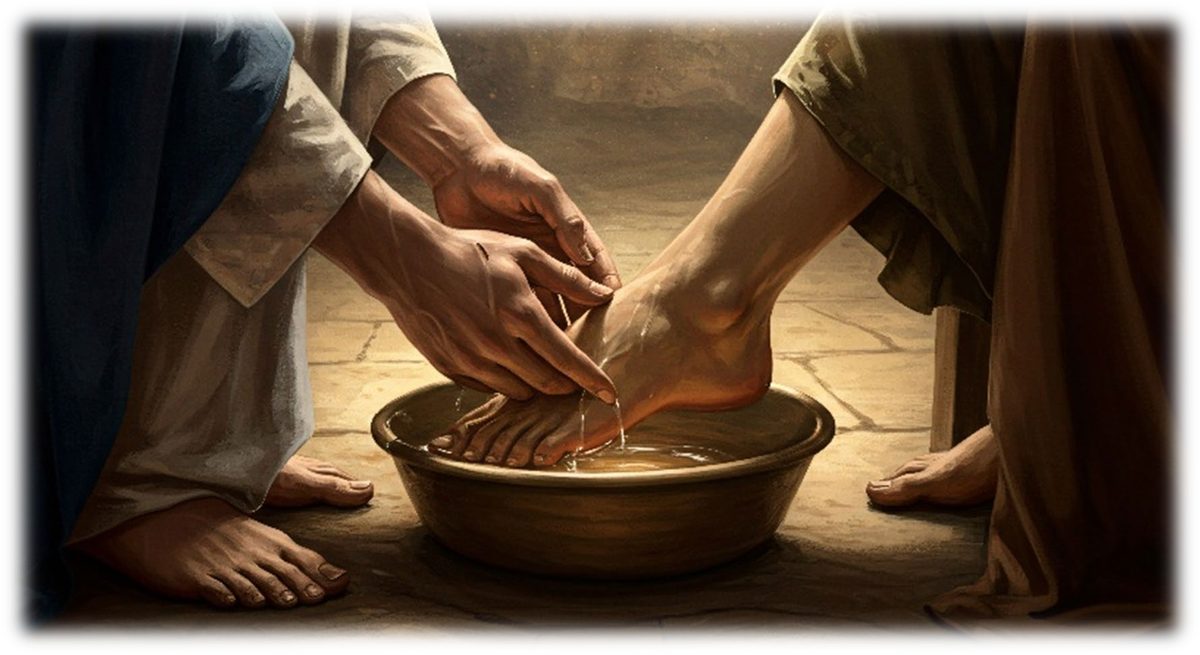 Jesus kneeling and washing the feet of a disciple in a shallow basin on a stone floor