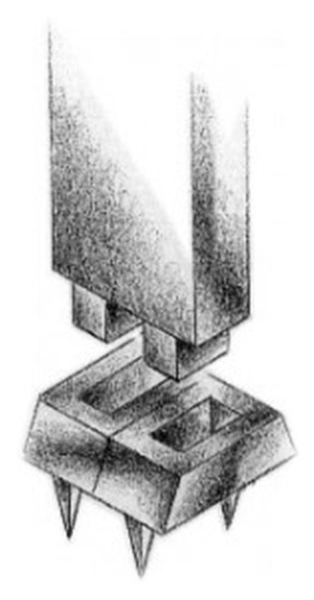 Drawing of a pair of silver sockets, open square bases with pointed feet beneath them, with the foot of a board and its two tenons descending into them