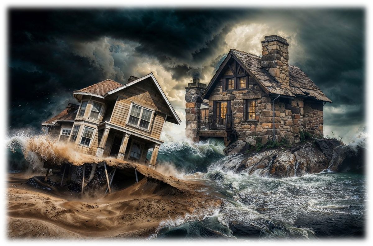 Two houses in a storm: a wooden house on the left tilting and breaking apart as the flood washes the ground from under it, and a stone house on the right standing firm on a rock