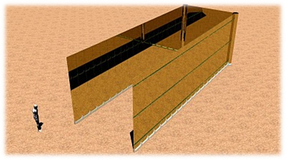 Rendering of the three gold-covered walls of the Tabernacle building standing on a line of silver sockets in the sand, with a man beside it for scale