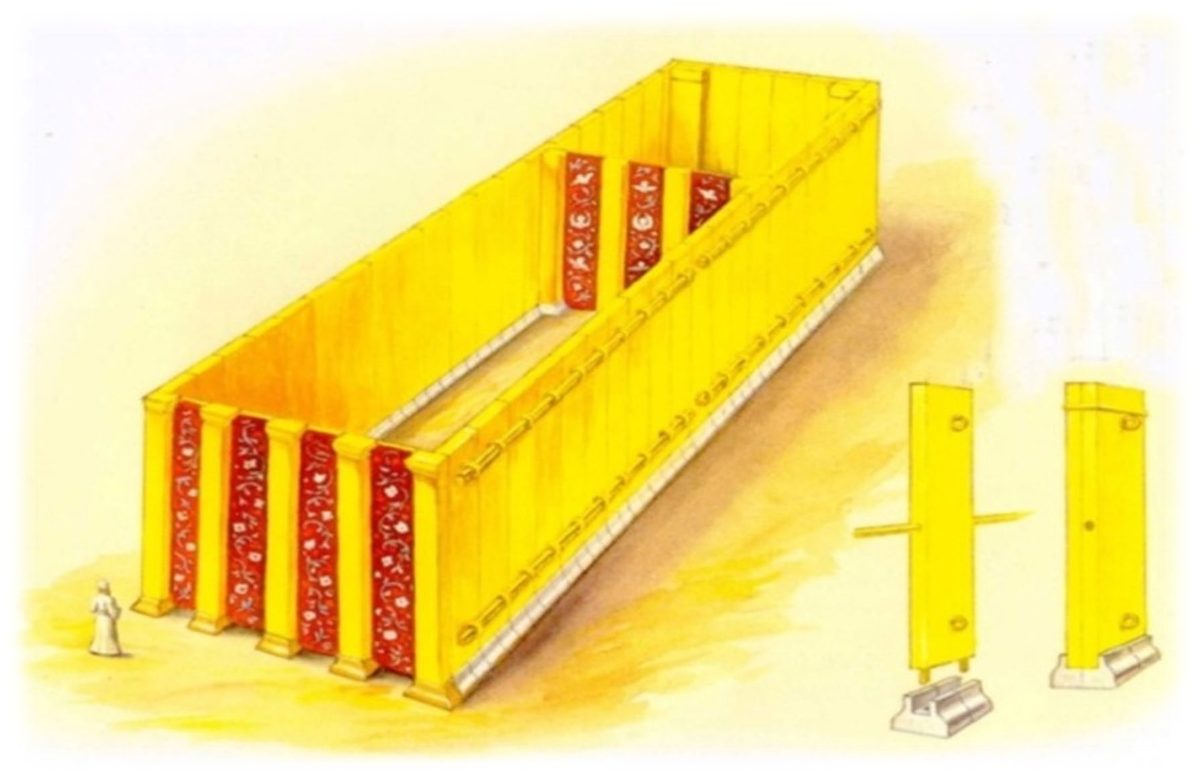 The gold-covered board walls of the Tabernacle standing on their silver sockets, with the pillars of the door at the front, a man for scale, and two single boards set apart on their sockets, one with a bar passing through it