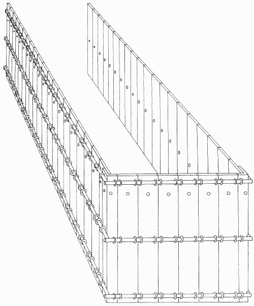 Line drawing of the three board walls of the Tabernacle with horizontal bars running through rings on the outside of the boards