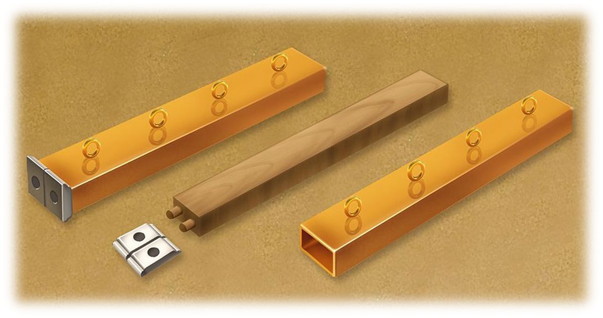 A gold-sheathed board seated in its two silver sockets, a pair of silver sockets, a bare shittim wood board with its two tenons, and an empty gold sheathing with gold rings along it