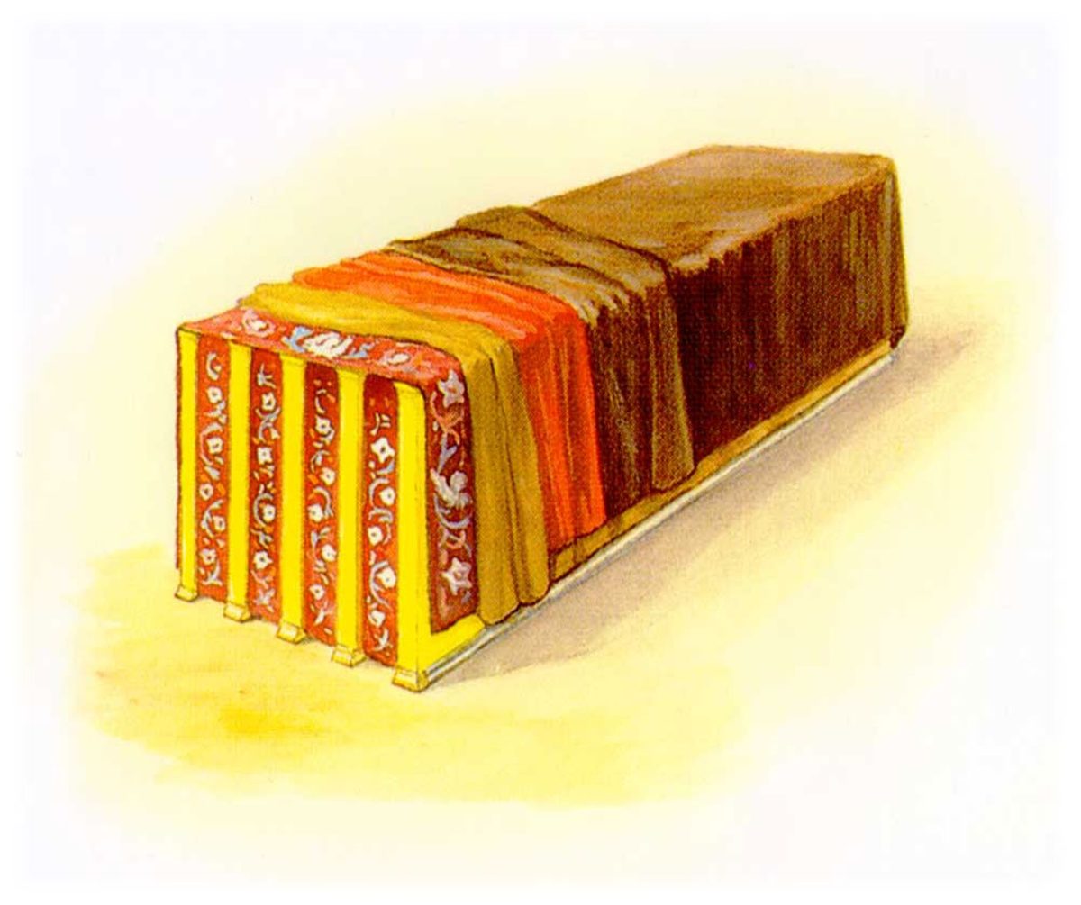 Cutaway painting of the Tabernacle building with its four coverings turned back in layers: the dark outer skins, the red rams' skins, the goats' hair and the embroidered linen, over the gold boards
