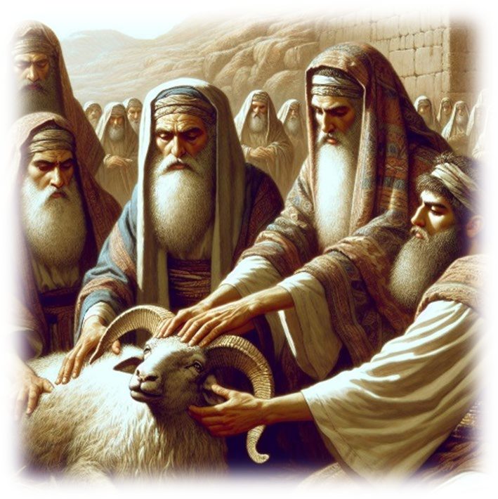 Painting of bearded men in robes laying their hands on the head of a horned ram, with the people of Israel gathered behind them