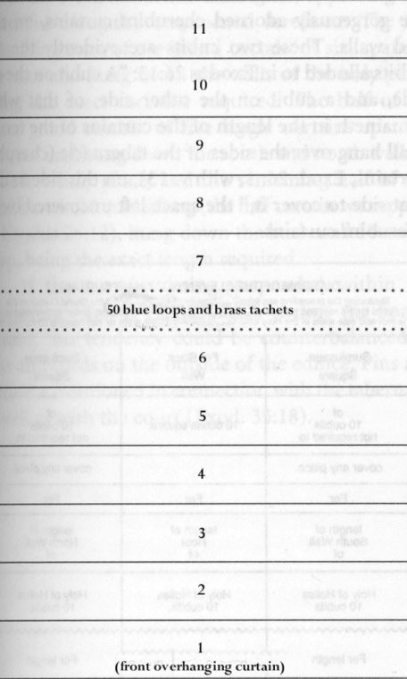 Diagram of eleven numbered strips, five above a dotted line marked 50 blue loops and brass taches and six below, the first strip marked front overhanging curtain