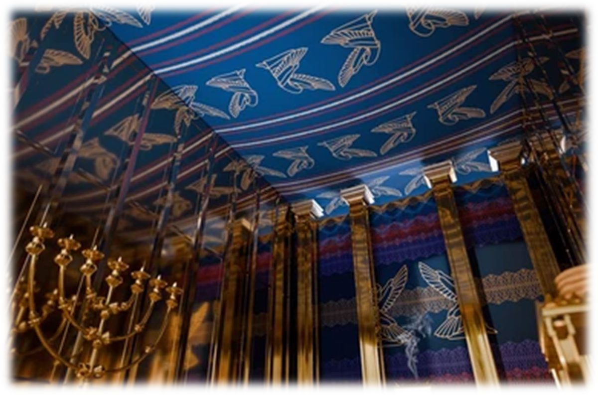 Artist's rendering of the inside of the Holy Place looking up at a blue ceiling patterned with cherubim and bands of color, above gold-covered boards and the Lampstand