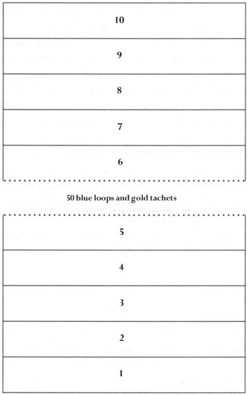 Diagram of ten numbered strips, five above a dotted line marked 50 blue loops and gold taches and five below