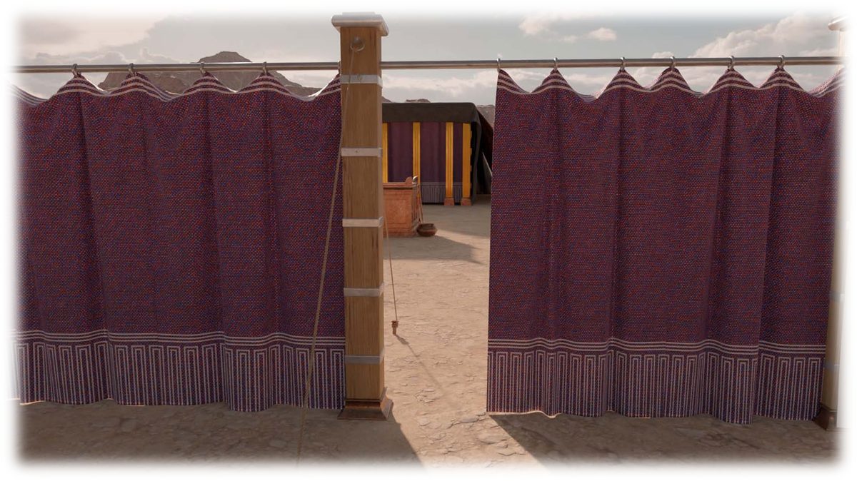 The Gate of the Outer Court seen from outside, its colored hanging parted beside a pillar, with the Brazen Altar and the Tabernacle visible through the opening