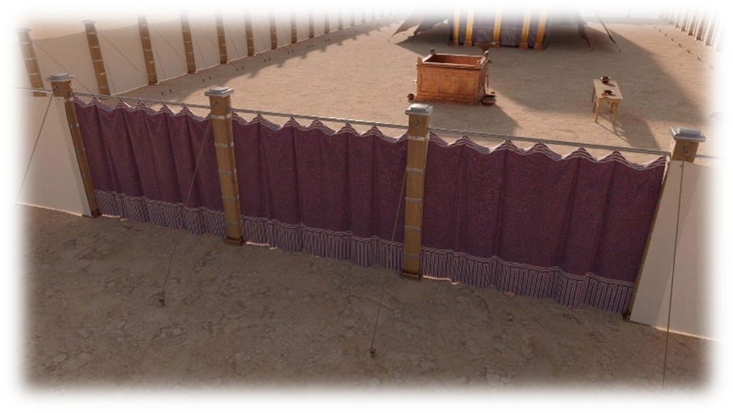 The Gate of the Outer Court seen from above, looking west across the Court toward the Brazen Altar and the Tabernacle building