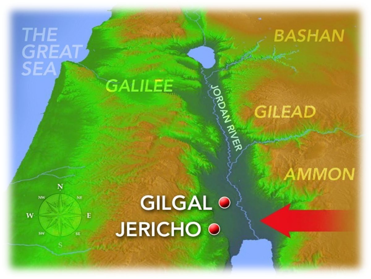 Relief map with the Jordan River running north and south, Gilgal and Jericho on its western bank, and a red arrow pointing west across the river