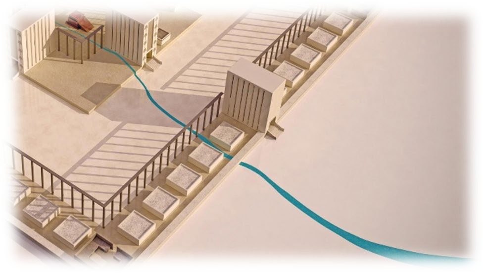 A rendering of the Temple with a blue river flowing from the threshold of the house, past the altar and out through the eastern gate