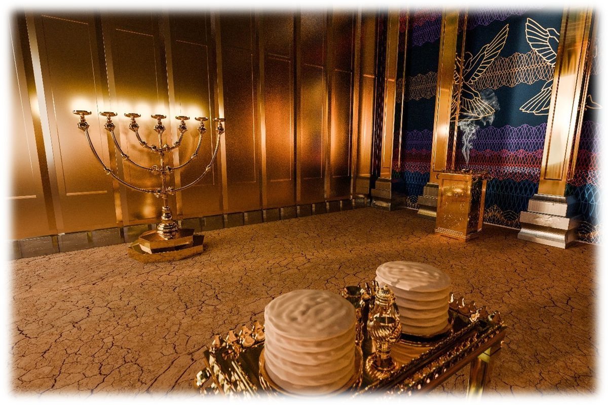 Inside the Holy Place: the gold-covered boards of the wall, the seven-branched Golden Lampstand on the left, the Table of Shewbread with its loaves in the foreground, and the Golden Altar of Incense smoking before the cherubim-embroidered veil