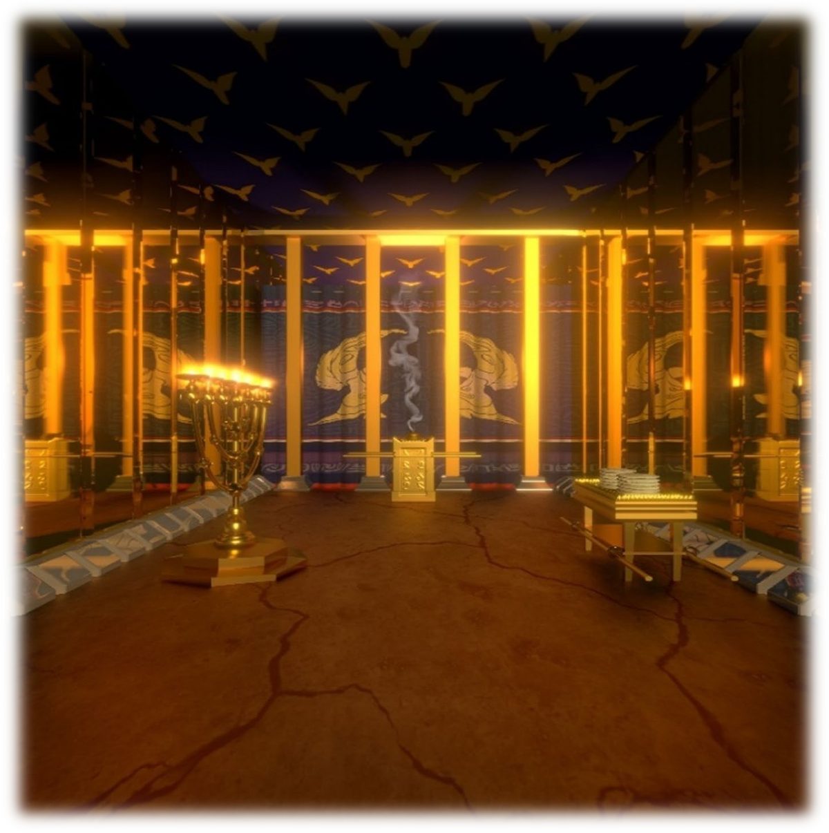 The Holy Place seen from its door: the Golden Lampstand on the left, the Table of Shewbread on the right, the Golden Altar of Incense ahead before the veil, and cherubim woven into the inner curtains overhead and into the veil