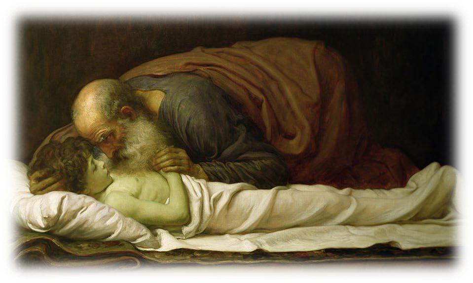 Elijah bending over the body of the widow of Zarephath's son laid on a bed