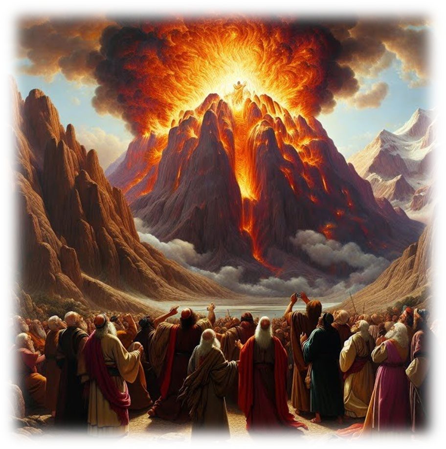 Mount Sinai burning with fire at its summit while the people of Israel stand below with their hands raised