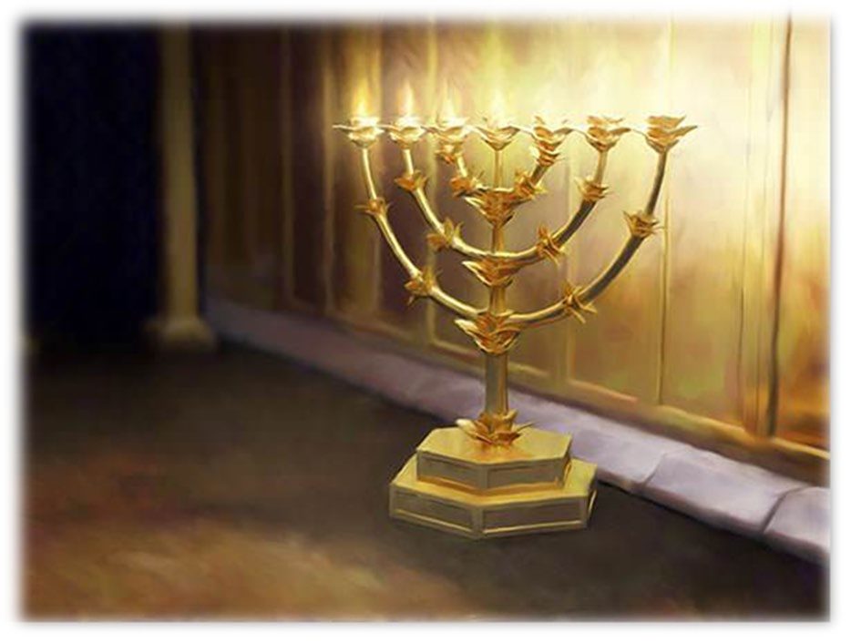 The seven-branched Golden Lampstand of beaten gold standing on the floor of the Holy Place before the gold-covered wall