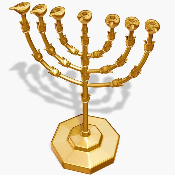A golden lampstand on a stepped base, with a central shaft and three branches curving up from each side to seven lamps in a row at the top