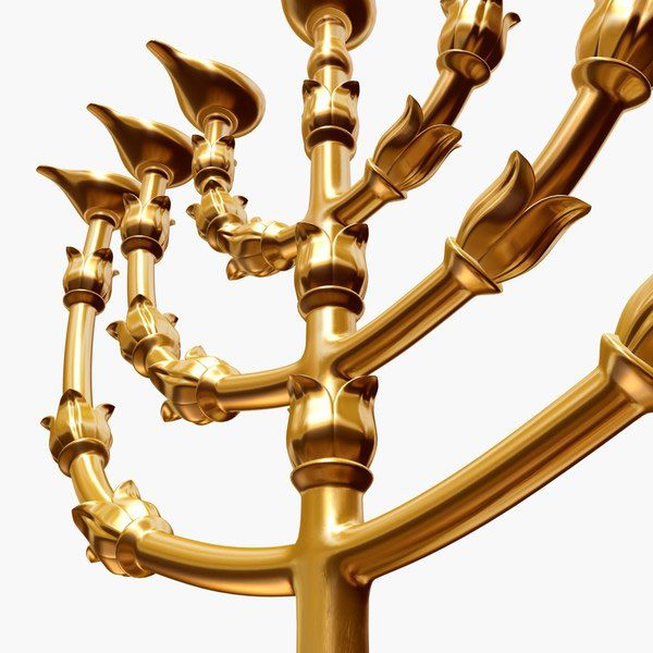 Close view of the upper branches of a golden lampstand, showing the almond-shaped bowls, knops and flowers worked along each branch beneath the lamps