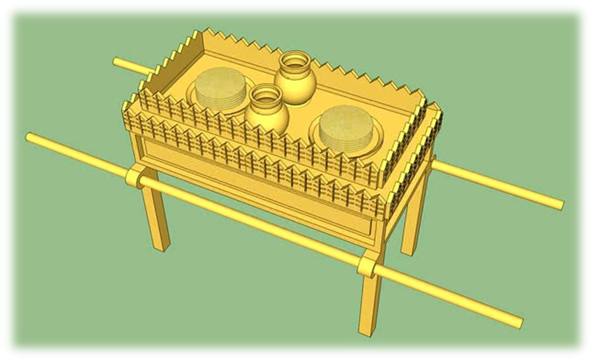 A rendering of the Table of Shewbread with two crowned borders around its top, the staves passed through rings at its corners, two loaves and two jars on its surface