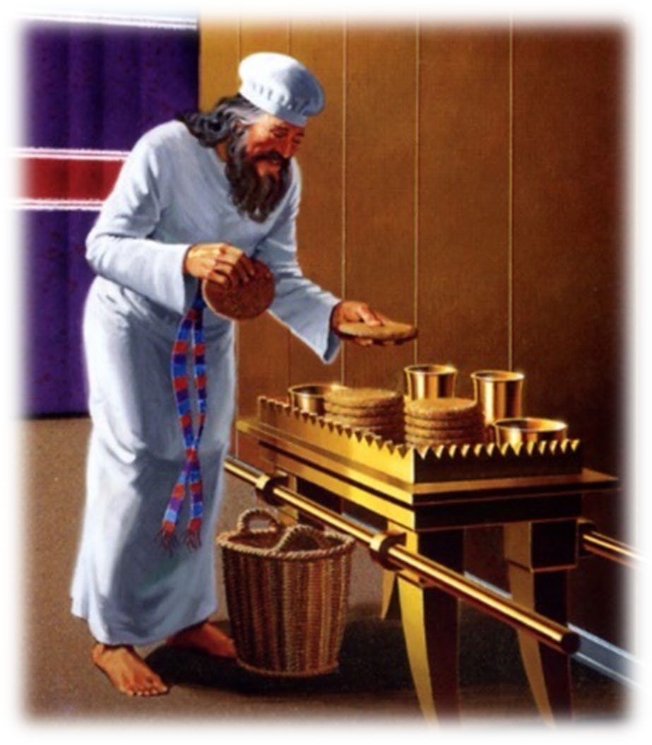 A priest in white linen setting fresh loaves on the Table of Shewbread, with a basket of bread at his feet and the golden cups on the Table