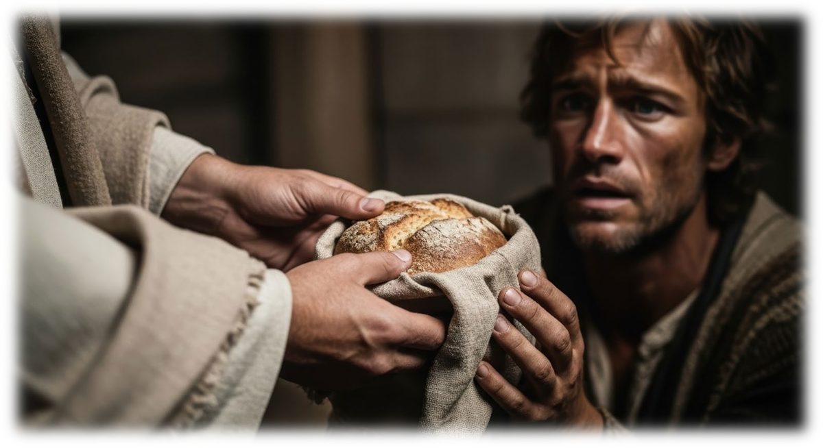 A loaf of bread passed from one pair of hands to another, a bearded man receiving it