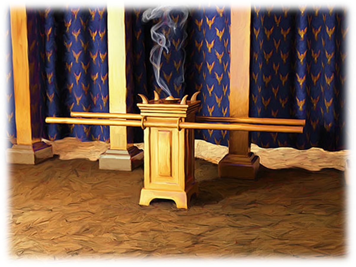 The Golden Altar of Incense standing before the blue veil of the Holy of Holies, with its four horns, its two gilded staves and a thread of incense smoke rising from its top