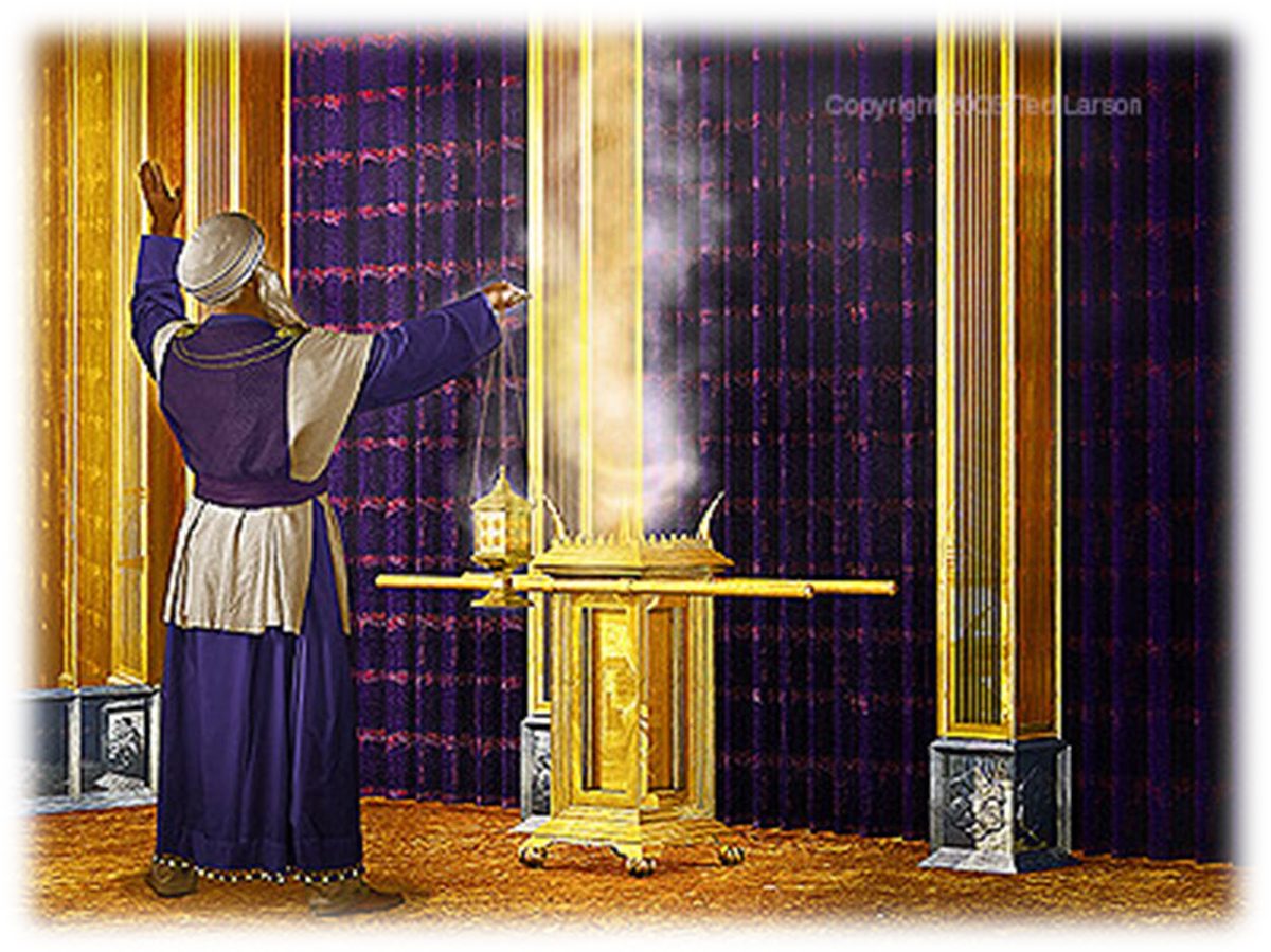 A priest in blue and white robes, one hand raised, swinging a censer over the smoking Golden Altar before the purple veil of the Holy of Holies