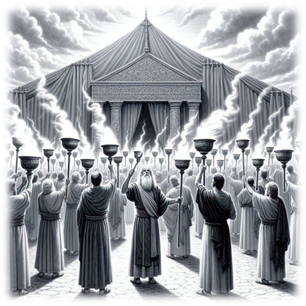 A great crowd of men holding smoking censers aloft before the Tabernacle